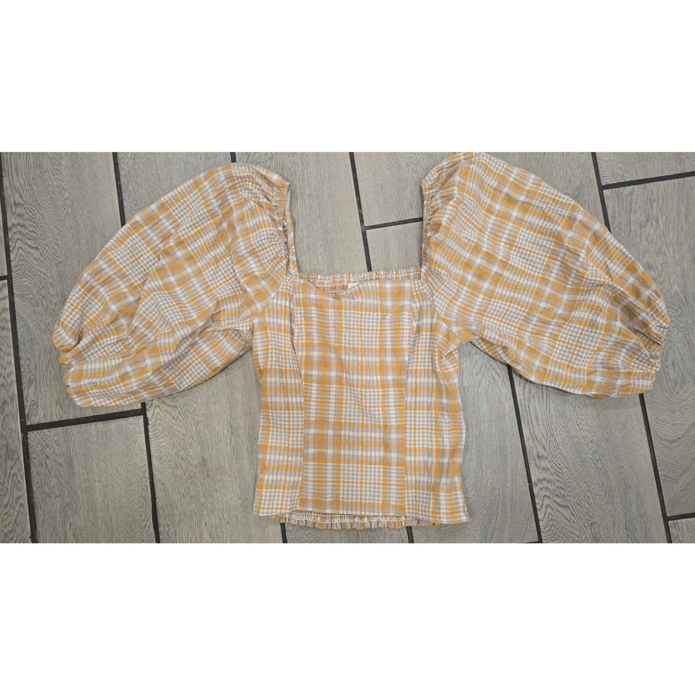 Maeve Anthropologie Yellow Plaid Gingham Smocked Back Puff Sleeve Blouse XS